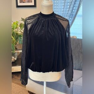 Free People Black Velvet Lace Sleeve Top | Mock Neck | Small